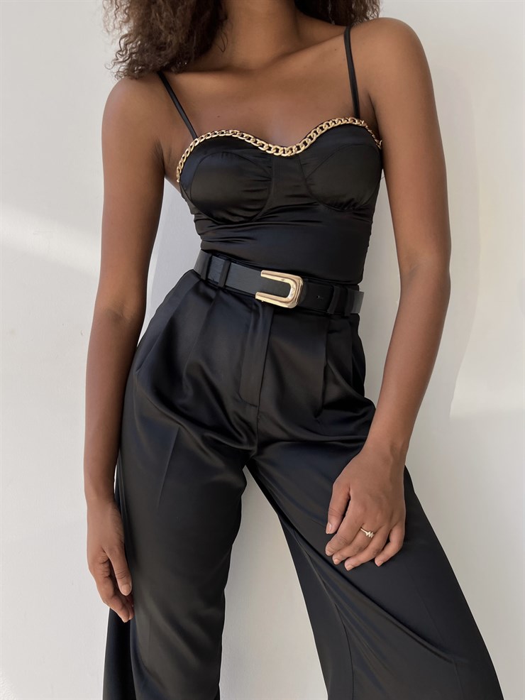 İnce Askılı Saten Göğüs Çevresi Zincir Detaylı Hillard Kadın Siyah Bodysuit 22Y000404