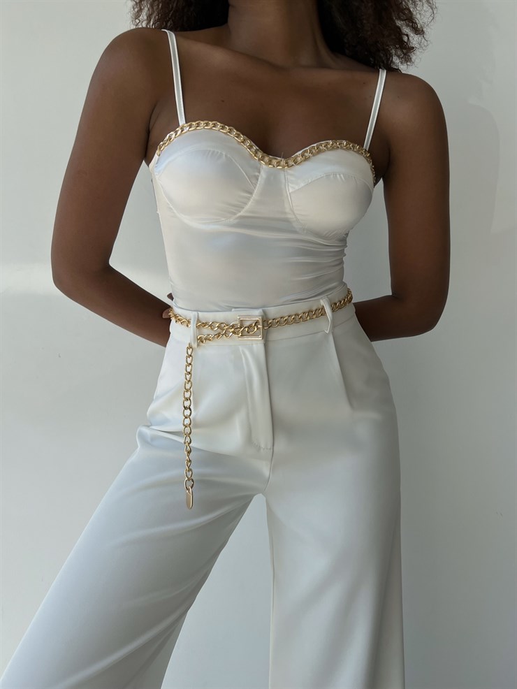 İnce Askılı Saten Göğüs Çevresi Zincir Detaylı Hillard Kadın Beyaz Bodysuit 22Y000404