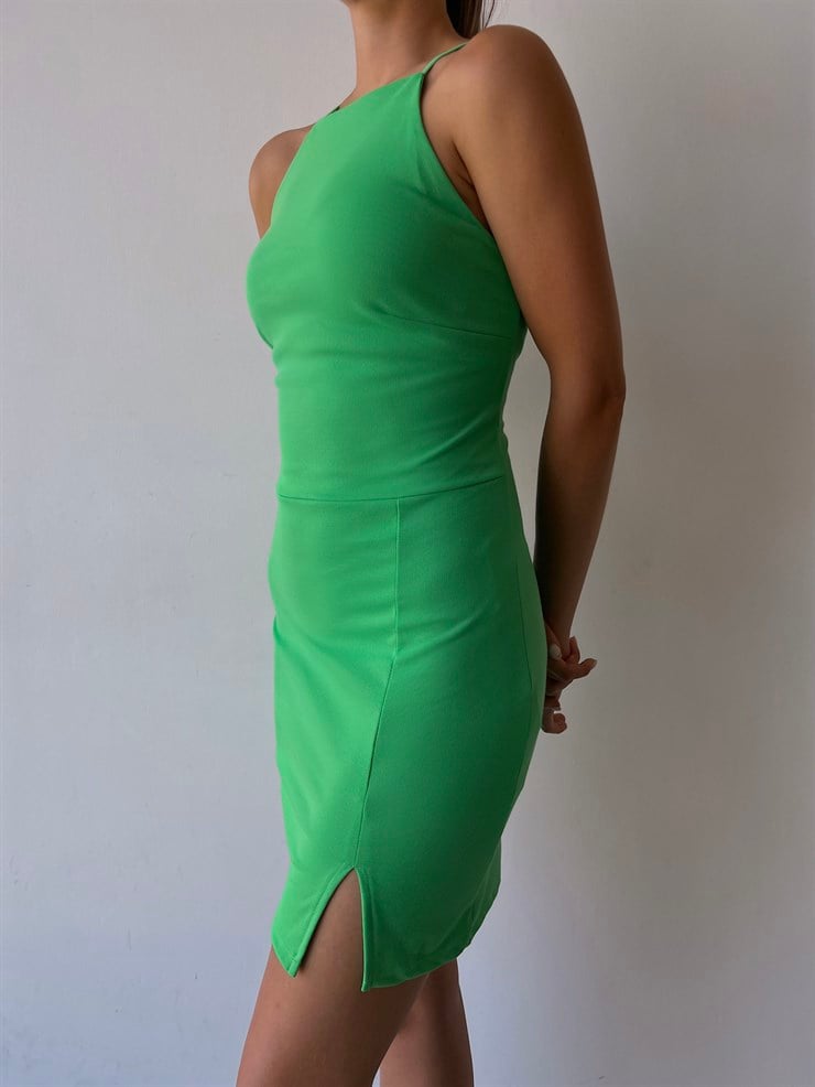 İnce Askılı Sırt Dekolte Önden Yırtmaçlı Nicia Kadın Yeşil Mini Elbise 22Y000490