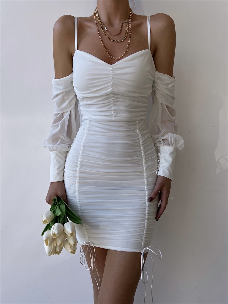 Ince Askılı Takma Kol Görünümlü Drapeli Nadia Kadın Beyaz Elbise 22Y000255