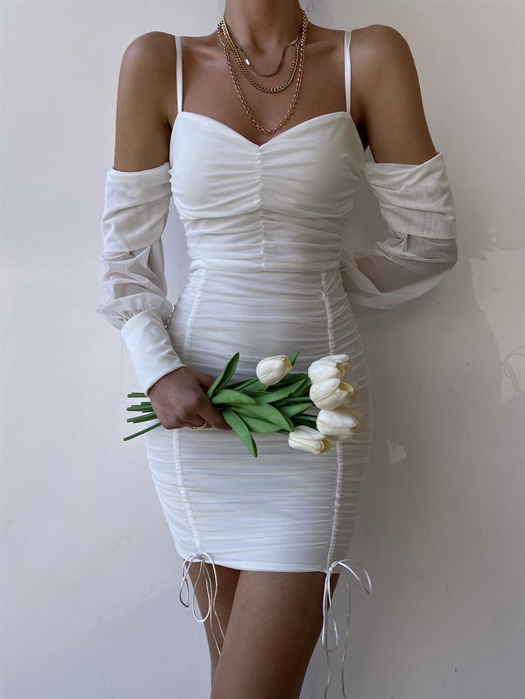 Ince Askılı Takma Kol Görünümlü Drapeli Nadia Kadın Beyaz Elbise 22Y000255