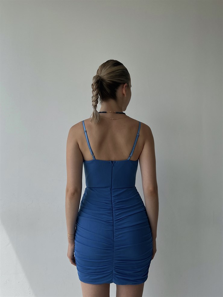 İnce Askılı Tül Göğüsü V Detay Drapeli Zaniel Kadın Mavi Elbise 22Y000363