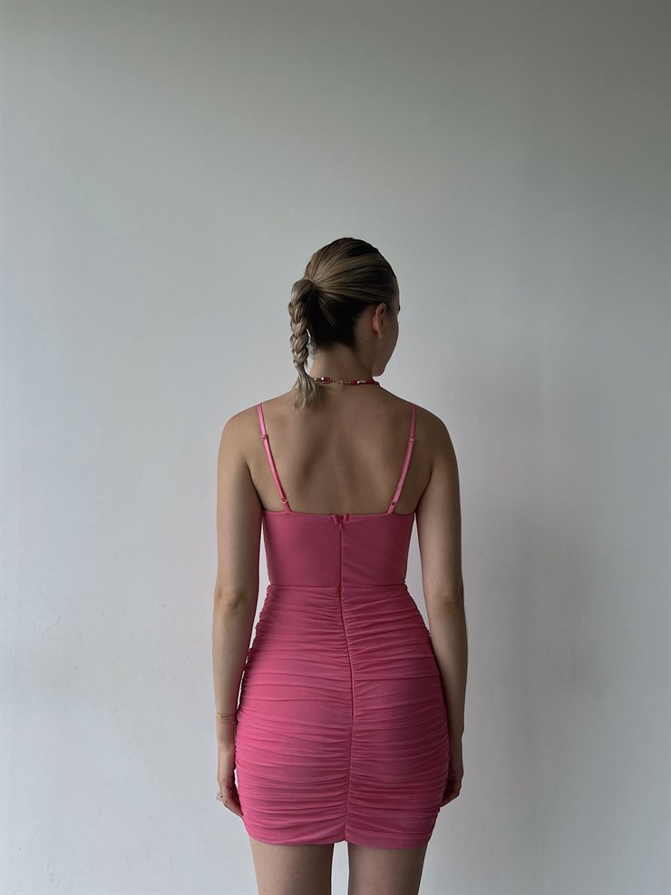 İnce Askılı Tül Göğüsü V Detay Drapeli Zaniel Kadın Pembe Elbise 22Y000363