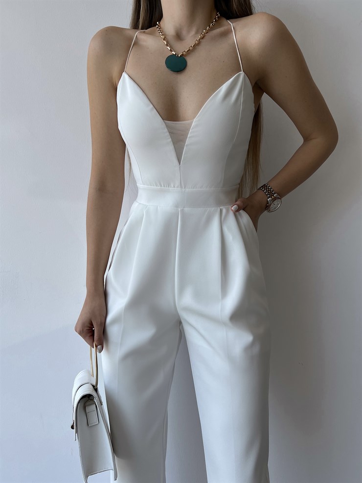 İnce Askılı Yakası Tül Detay Pileli Saul Kadın Beyaz Tulum 22Y000284