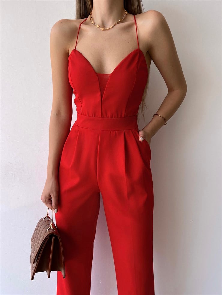 İnce Askılı Yakası Tül Detay Pileli Saul Kadın Kırmızı Tulum 22Y000284