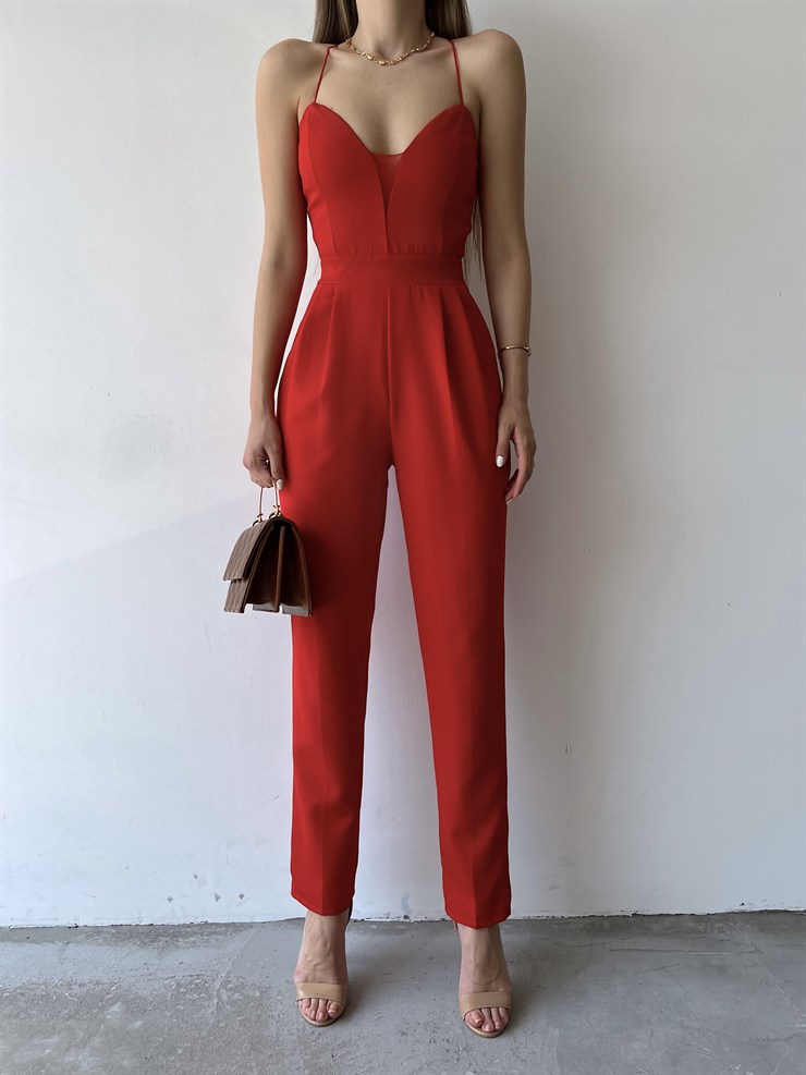 İnce Askılı Yakası Tül Detay Pileli Saul Kadın Kırmızı Tulum 22Y000284