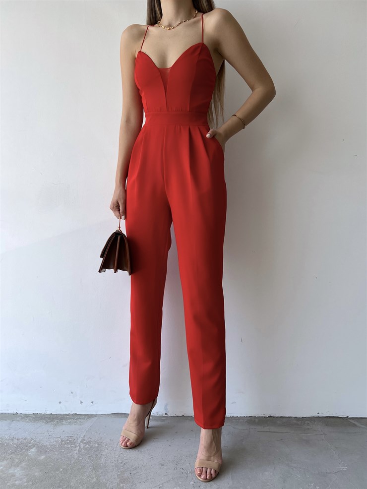 İnce Askılı Yakası Tül Detay Pileli Saul Kadın Kırmızı Tulum 22Y000284