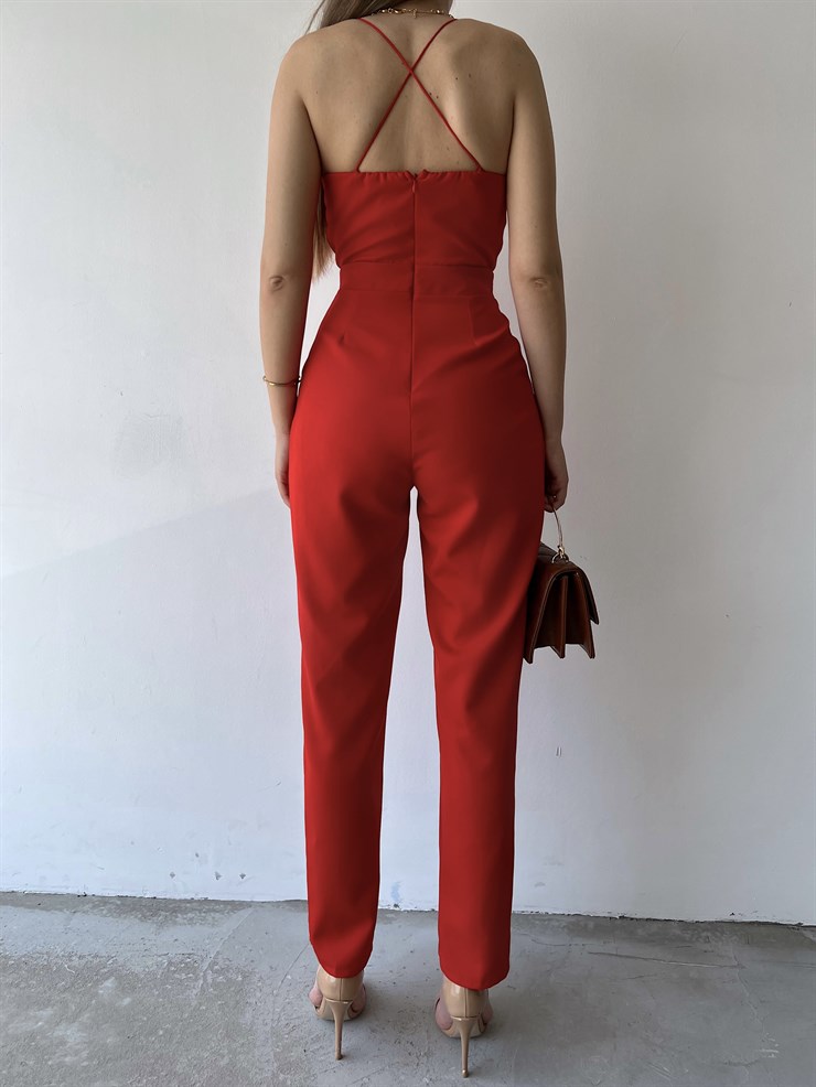 İnce Askılı Yakası Tül Detay Pileli Saul Kadın Kırmızı Tulum 22Y000284