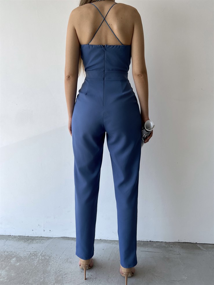 İnce Askılı Yakası Tül Detay Pileli Saul Kadın İndigo Tulum 22Y000284