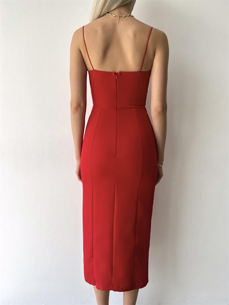 İnce Askılı Yandan Yırtmaçlı Knicks Kadın Kırmızı Midi Elbise 23Y000124