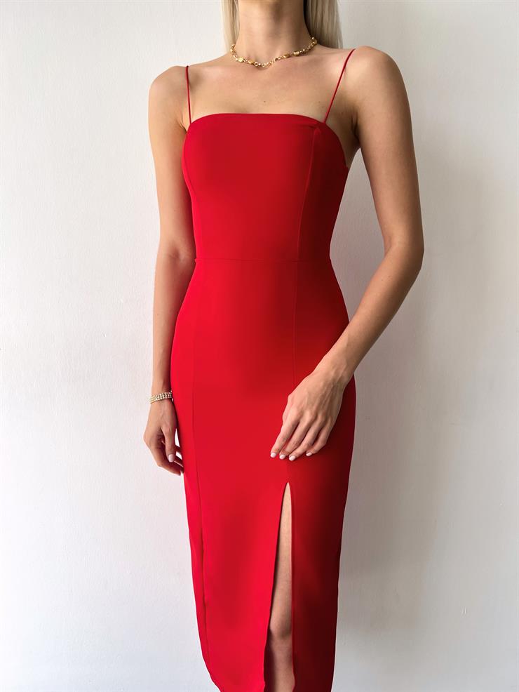 İnce Askılı Yandan Yırtmaçlı Knicks Kadın Kırmızı Midi Elbise 23Y000124