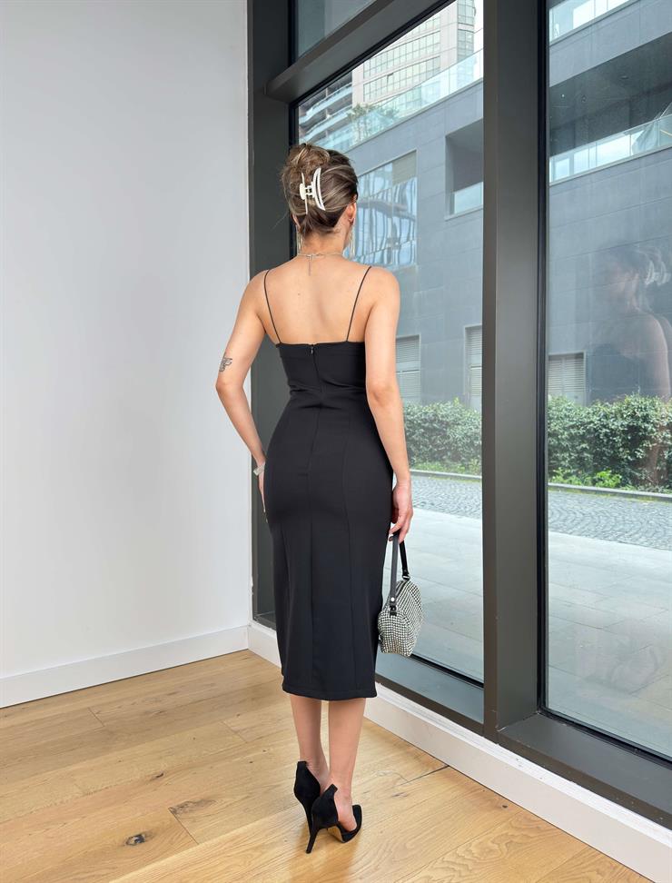 İnce Askılı Yandan Yırtmaçlı Knicks Kadın Siyah Midi Elbise 23Y000124