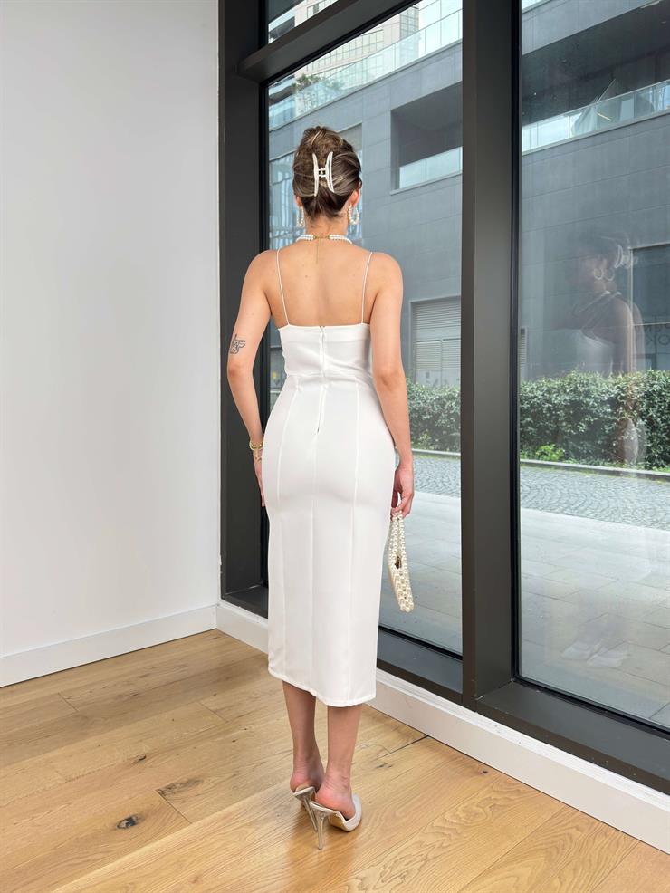 İnce Askılı Yandan Yırtmaçlı Knicks Kadın Beyaz Midi Elbise 23Y000124