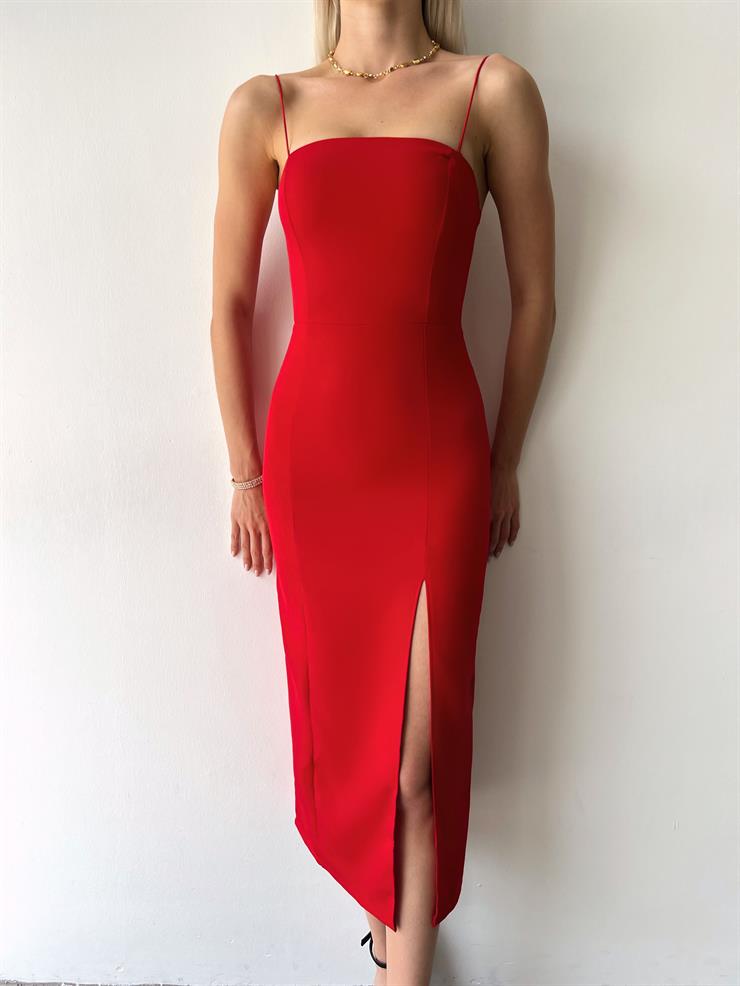 İnce Askılı Yandan Yırtmaçlı Knicks Kadın Kırmızı Midi Elbise 23Y000124