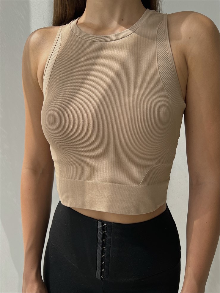 İnce Fitilli Halter Yaka Natalina Kadın Vizon Crop 22K000589