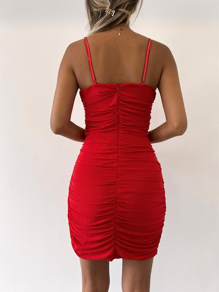 İnce Saten Askılı Drapeli Tül Kumaş Mini Vita Kadın Kırmızı Elbise 22Y000361