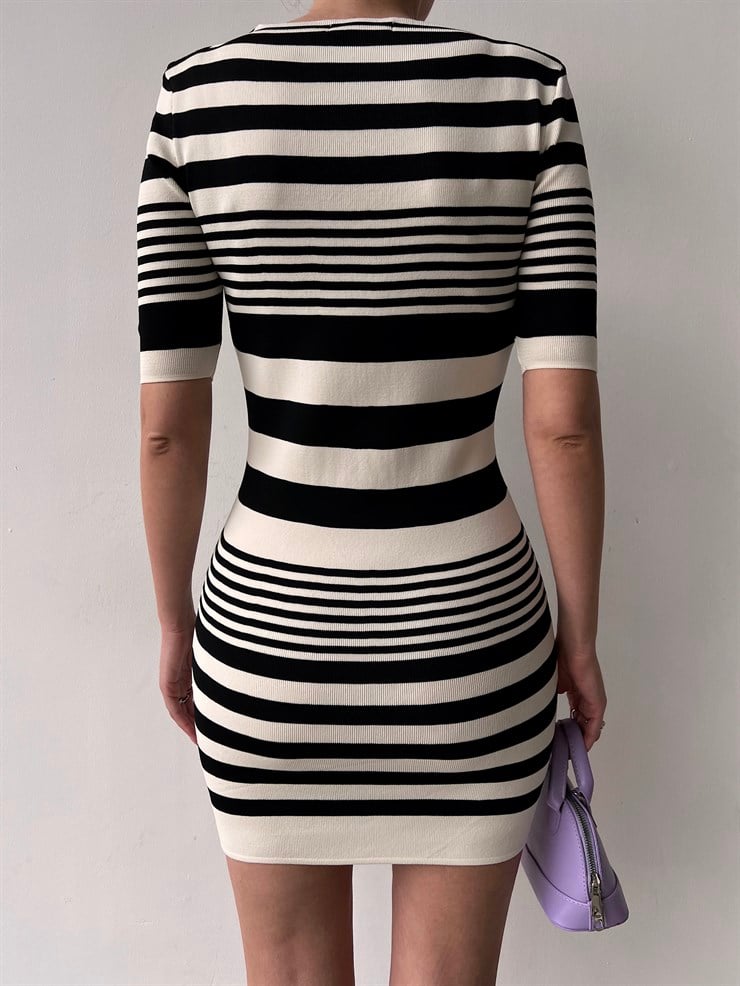 İnce Triko  Çizgili Kare Yaka Randy Kadın Siyah Elbise 22Y000167