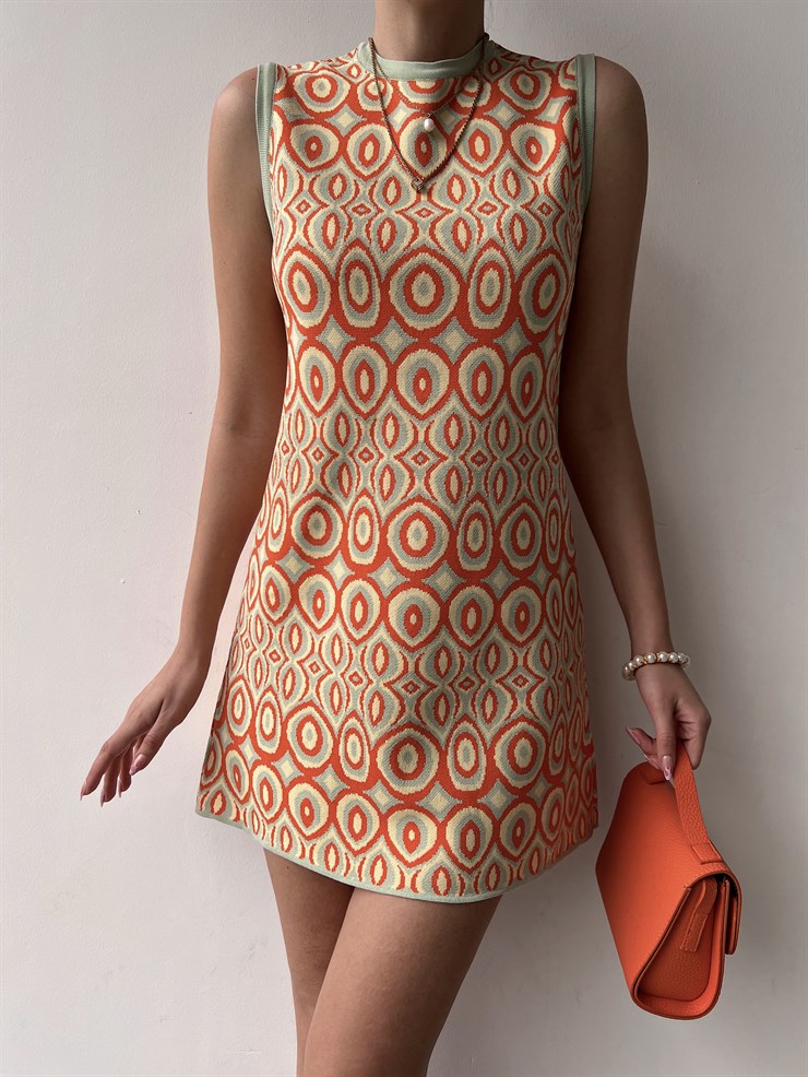 İnce Triko Sıfır Yaka Desenli Rickey Kadın Mint Elbise 22Y000174