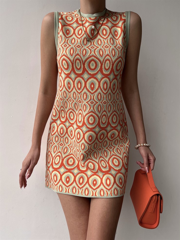 İnce Triko Sıfır Yaka Desenli Rickey Kadın Mint Elbise 22Y000174