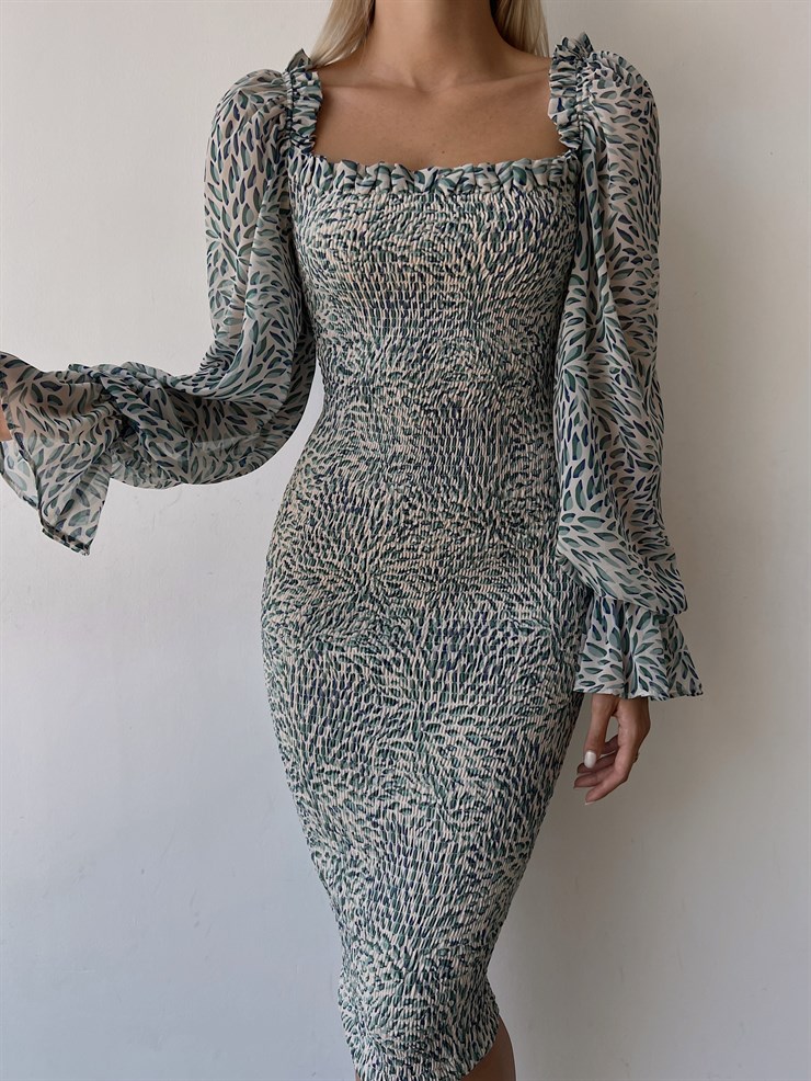 İnce Yaprak Desenli Gipeli Balon Kol Luciano Kadın Mint Kalem Elbise 22Y000486