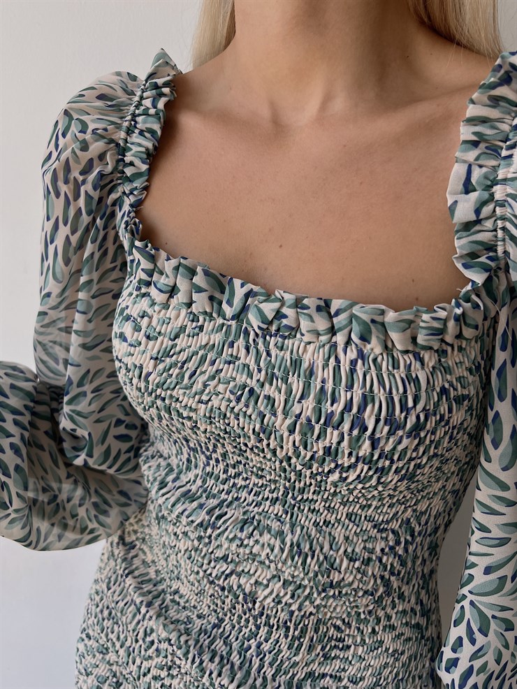 İnce Yaprak Desenli Gipeli Balon Kol Luciano Kadın Mint Kalem Elbise 22Y000486