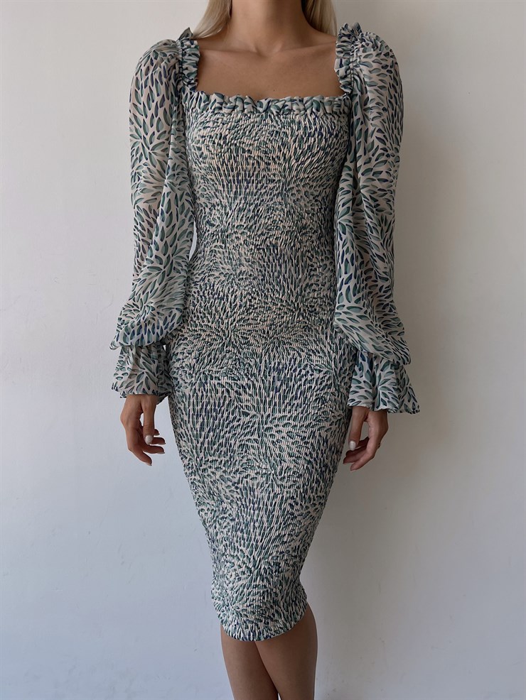 İnce Yaprak Desenli Gipeli Balon Kol Luciano Kadın Mint Kalem Elbise 22Y000486