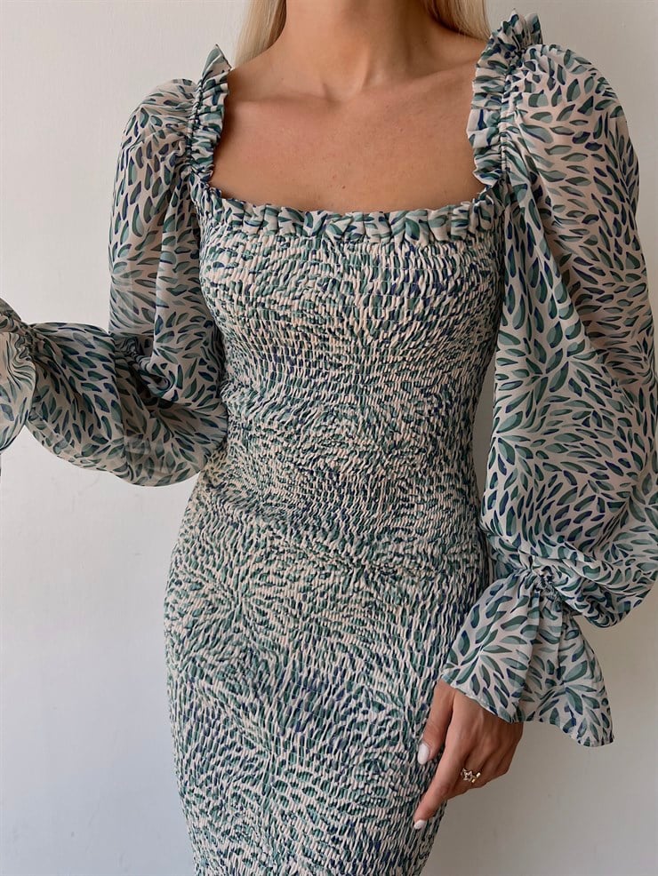 İnce Yaprak Desenli Gipeli Balon Kol Luciano Kadın Mint Kalem Elbise 22Y000486