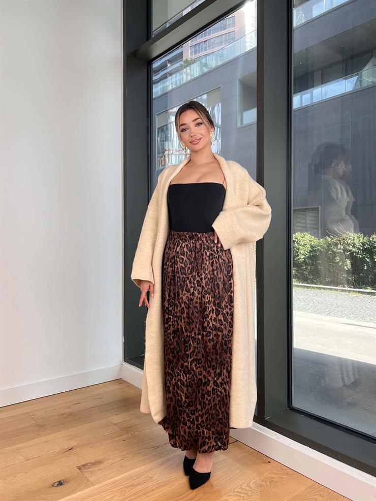 Beli Lastikli Kırışık Görünümlü İndal Leopar Kadın Saten Etek 25K483