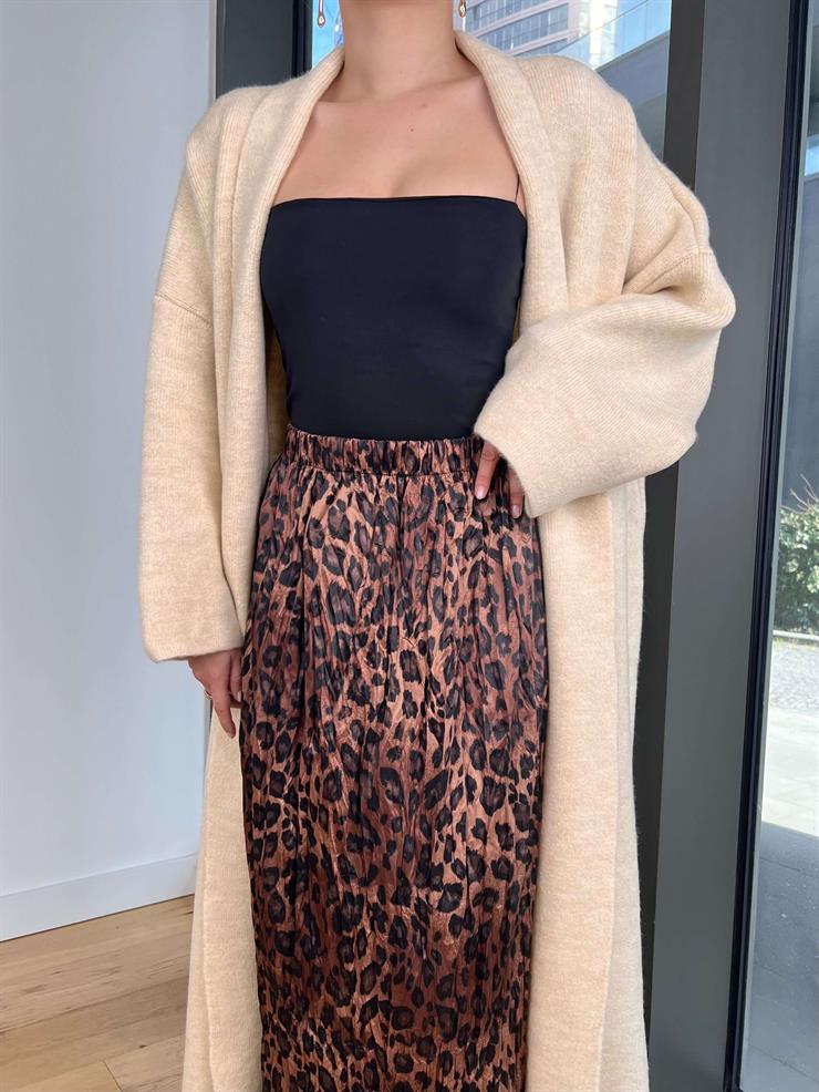 Beli Lastikli Kırışık Görünümlü İndal Leopar Kadın Saten Etek 25K483