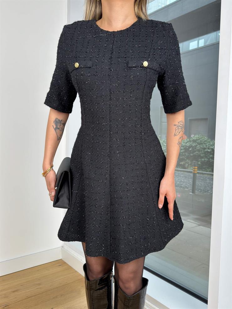 Yuvarlak Yaka Yarım Kol Inga Siyah Kadın Mini Tüvit Elbise 25K451