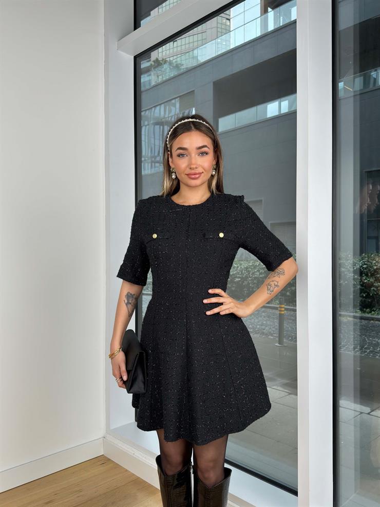 Yuvarlak Yaka Yarım Kol Inga Siyah Kadın Mini Tüvit Elbise 25K451