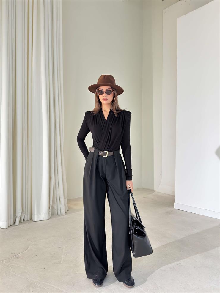 Kruvaze Yaka Vatkalı Drape Detaylı İnlay Siyah Kadın Bodysuit 26K411