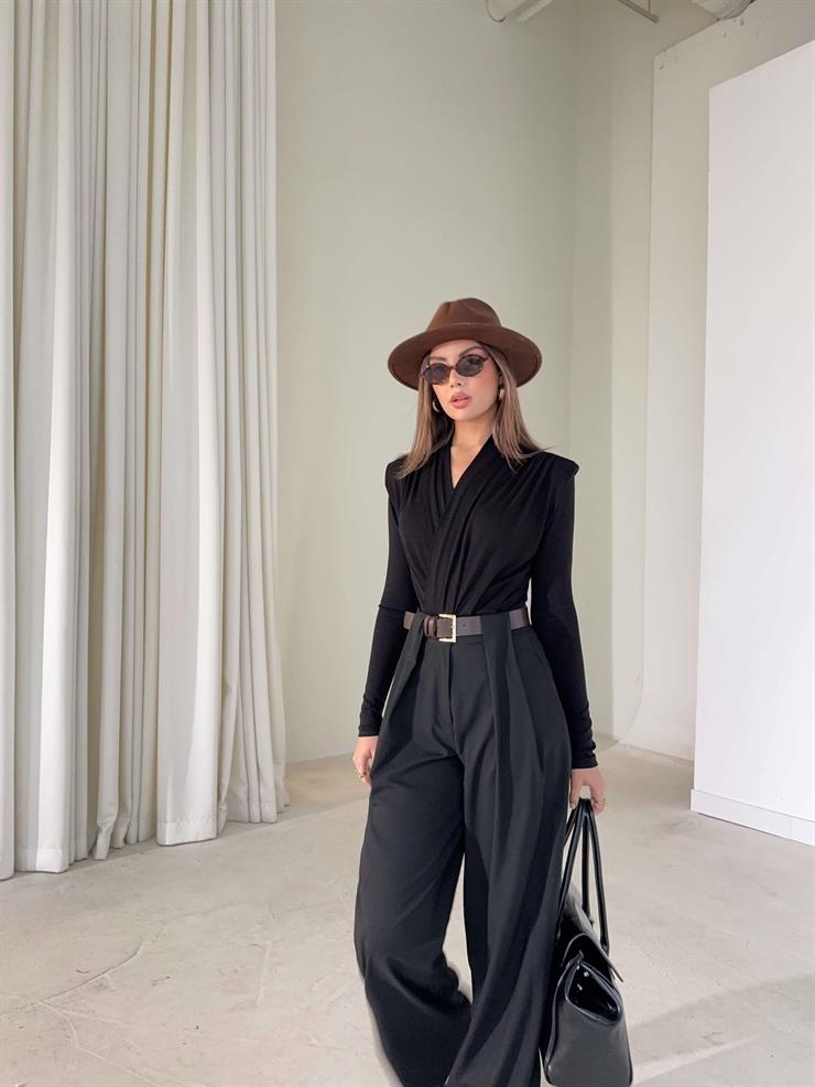 Kruvaze Yaka Vatkalı Drape Detaylı İnlay Siyah Kadın Bodysuit 26K411