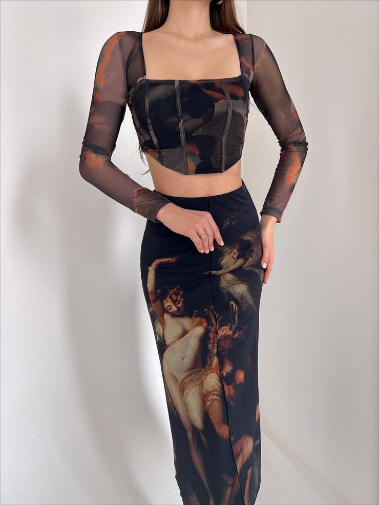 Kare Yaka Uzun Tül Kol Iole Kadın Renkli Crop 23Y000011