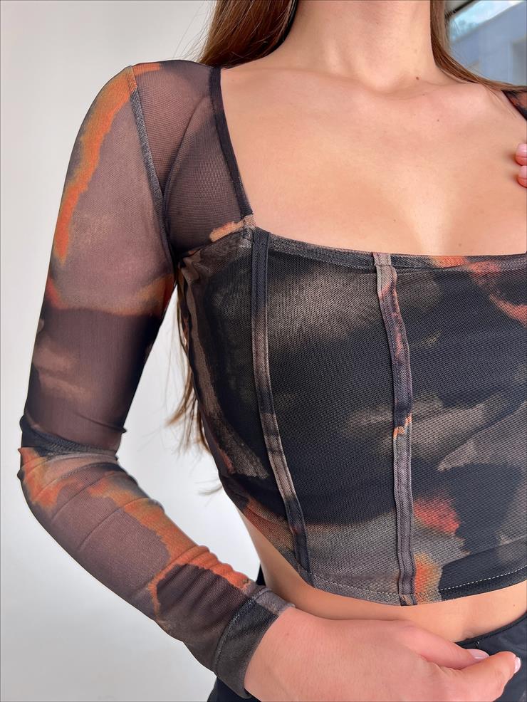 Kare Yaka Uzun Tül Kol Iole Kadın Renkli Crop 23Y000011