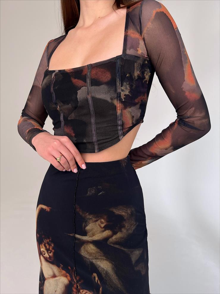 Kare Yaka Uzun Tül Kol Iole Kadın Renkli Crop 23Y000011