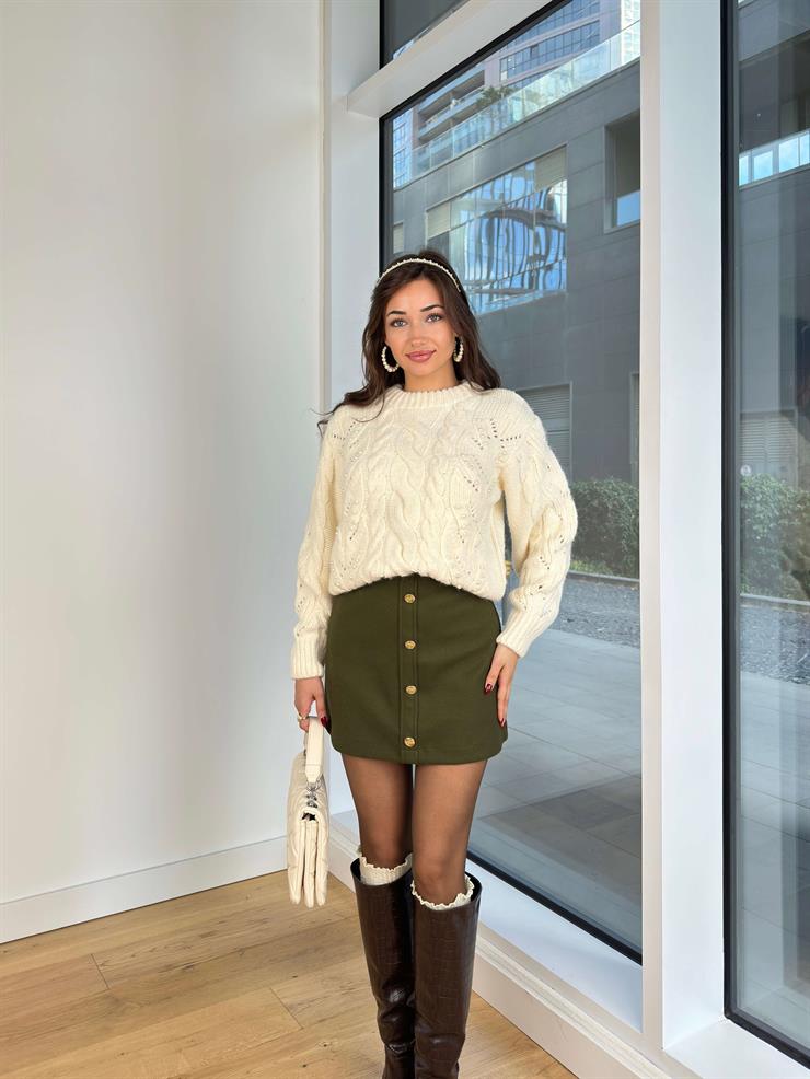 Örgü Görünümlü Lonela Ekru Kadın İncili Kazak 25K293