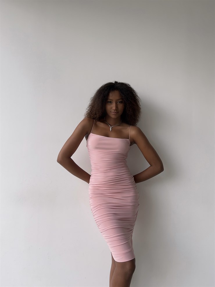 İp Askılı Büzgülü Likra Kumaş Destiny Kadın Pudra Kalem Elbise 22Y000057