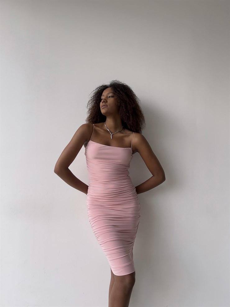 İp Askılı Büzgülü Likra Kumaş Destiny Kadın Pudra Kalem Elbise 22Y000057