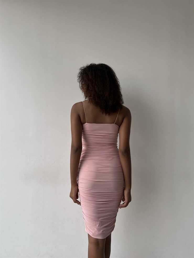 İp Askılı Büzgülü Likra Kumaş Destiny Kadın Pudra Kalem Elbise 22Y000057