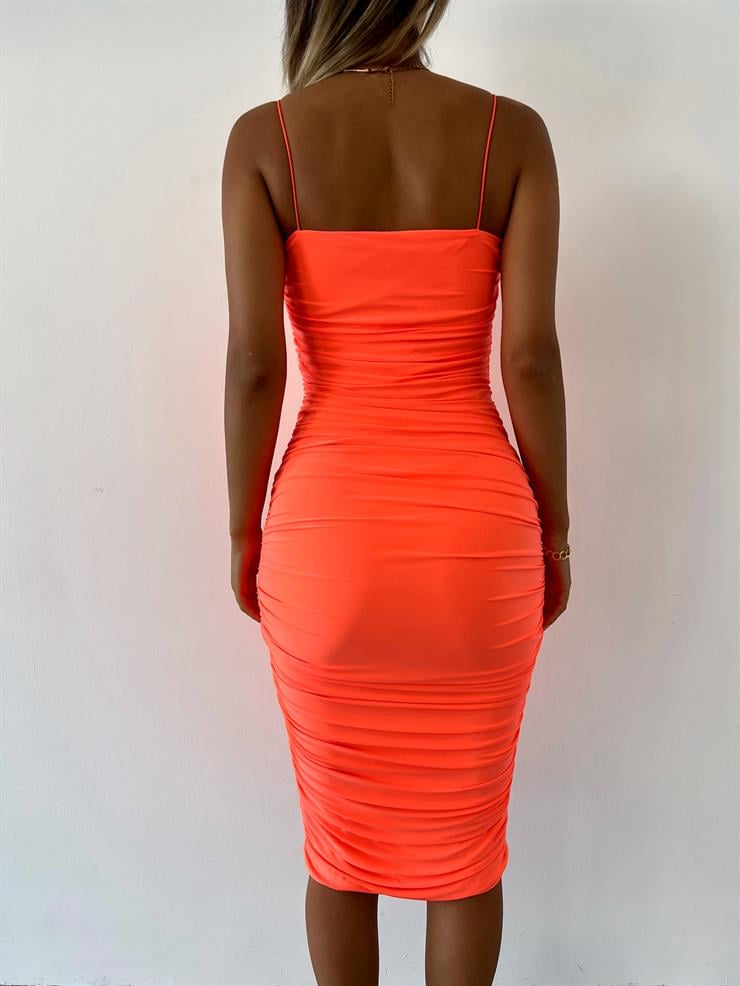 İp Askılı Büzgülü Likra Kumaş Destiny Kadın Neon Kalem Elbise 22Y000057