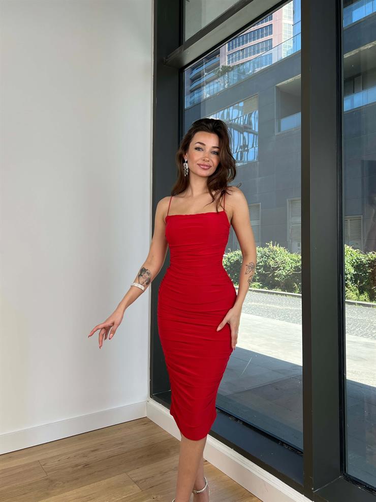 İp Askılı Büzgülü Likra Kumaş Destiny Kadın Kırmızı Kalem Elbise 22Y000057