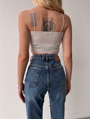 Fitilli İp Askılı Kadın Taş Renk Crop Bluz 22K000550