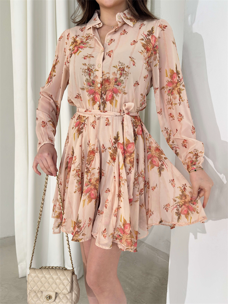 Desenli Kemerli Üstü Düğmeli Eteği Pileli İrande Bej Kadın Elbise 26Y023