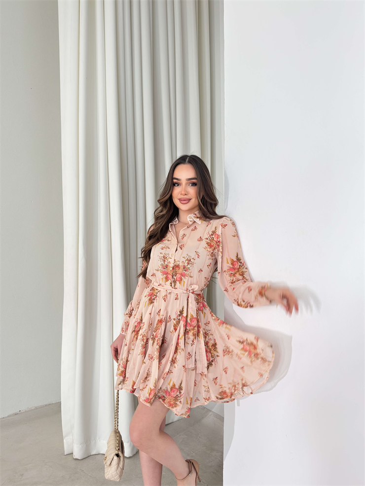 Desenli Kemerli Üstü Düğmeli Eteği Pileli İrande Bej Kadın Elbise 26Y023