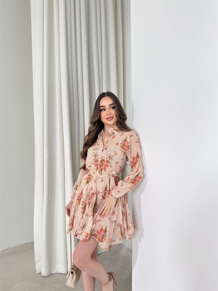 Desenli Kemerli Üstü Düğmeli Eteği Pileli İrande Bej Kadın Elbise 26Y023