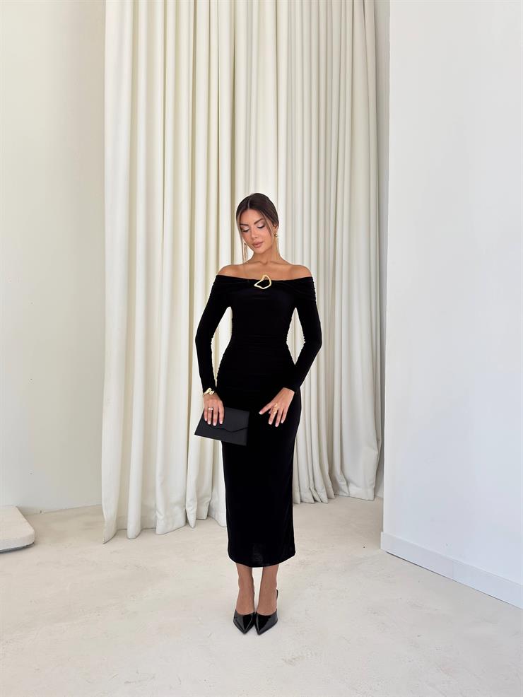 Omuz Detaylı Yırtmaçlı İren Siyah Kadın elbise 26K040