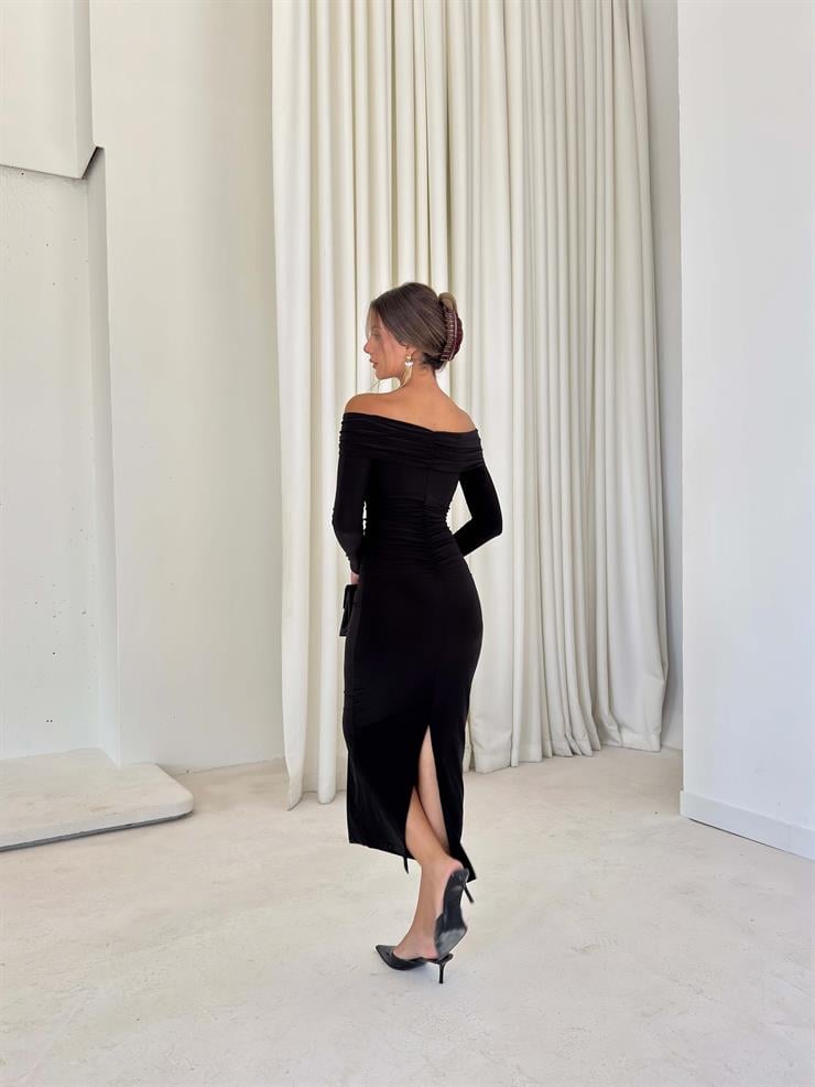 Omuz Detaylı Yırtmaçlı İren Siyah Kadın elbise 26K040