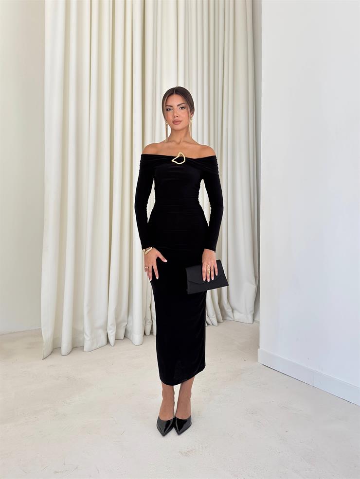 Omuz Detaylı Yırtmaçlı İren Siyah Kadın elbise 26K040