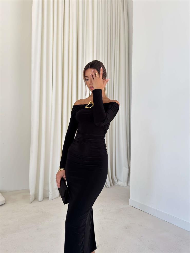 Omuz Detaylı Yırtmaçlı İren Siyah Kadın elbise 26K040